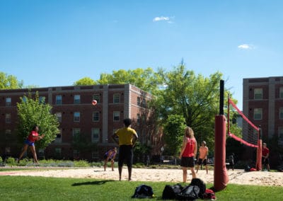 Volleyball court between Owen and Tucker Residence Halls